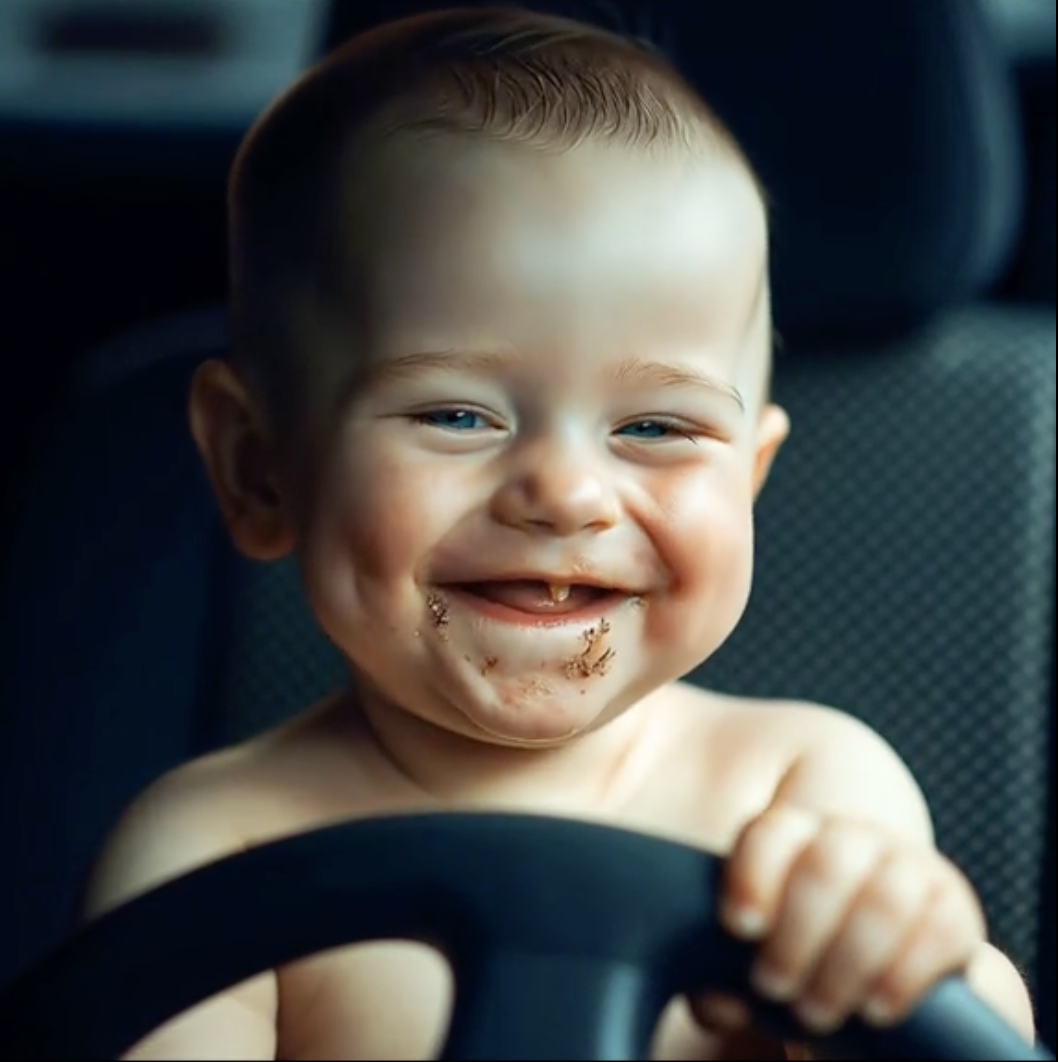 Baby Driver - the memecoin mascot baby behind a steering wheel